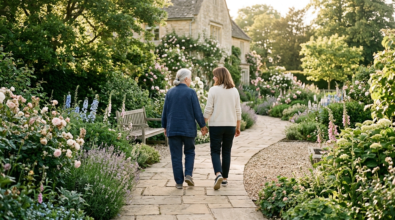 Two people enjoying a gentle walk through a garden