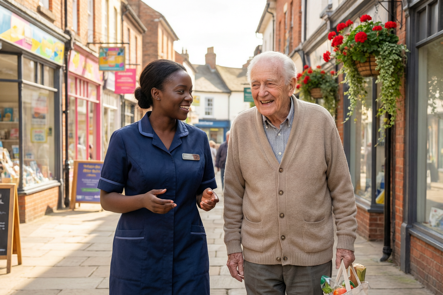 A companion walking with an older gentleman in Exeter town centre